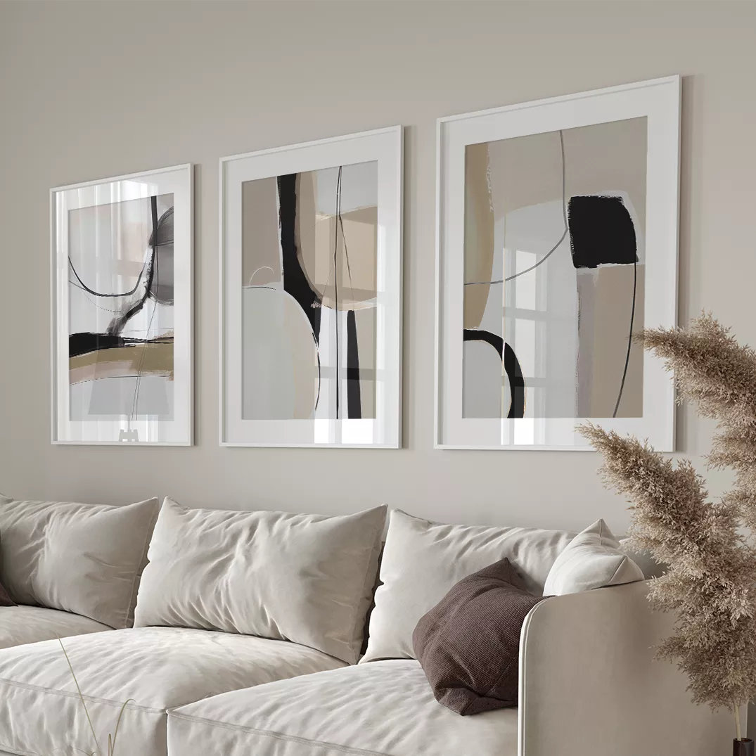 モノトーン抽象アート3点セット、禅の精神を表現した曲線美