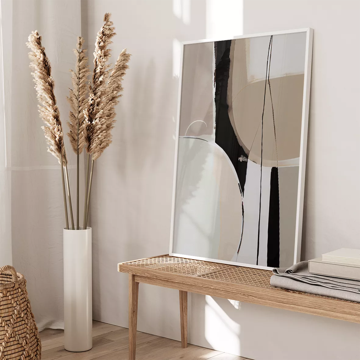 モノトーン抽象アート3点セット、禅の精神を表現した曲線美