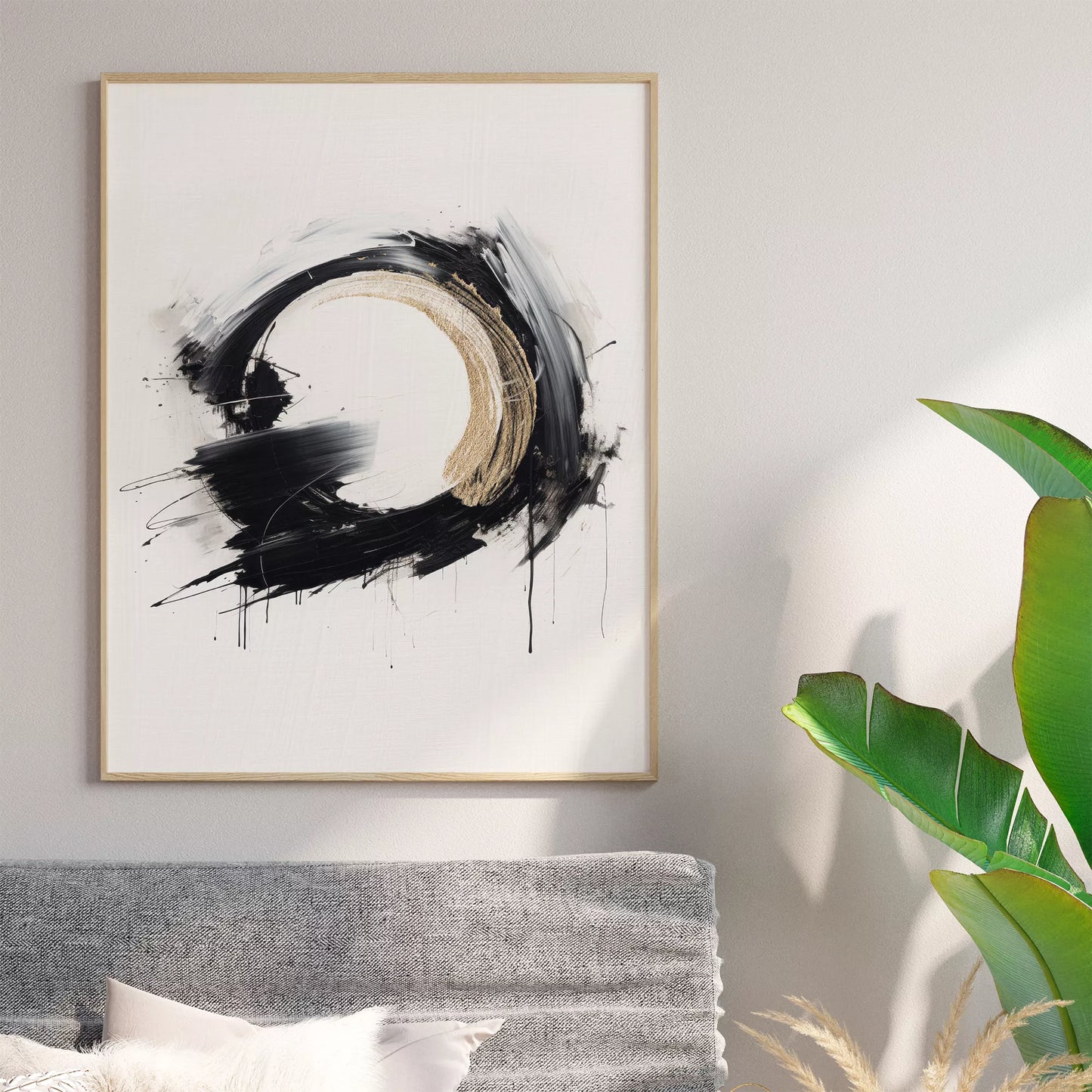 モダンな黒と金の円形抽象アートポスター