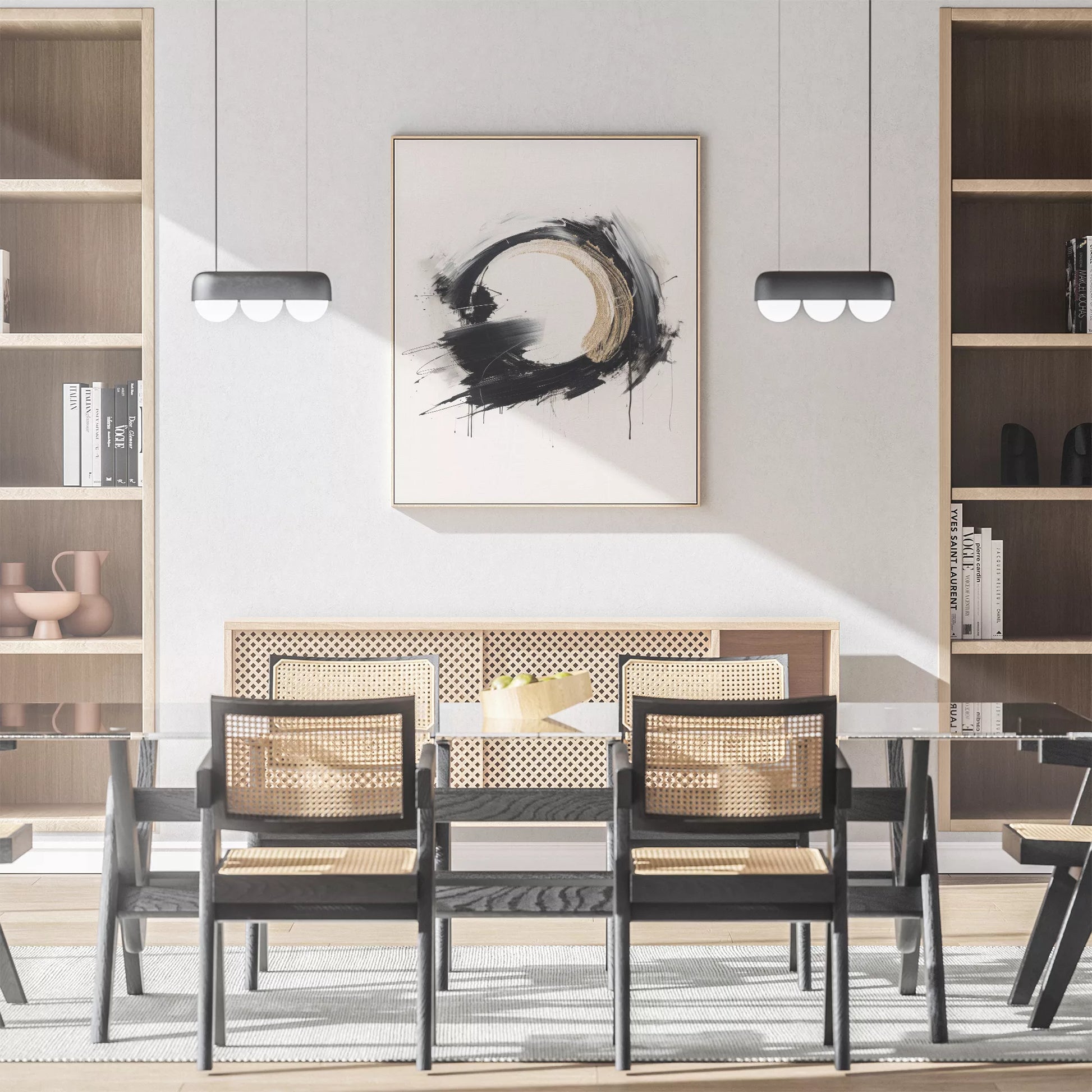 モダンな黒と金の円形抽象アートポスター