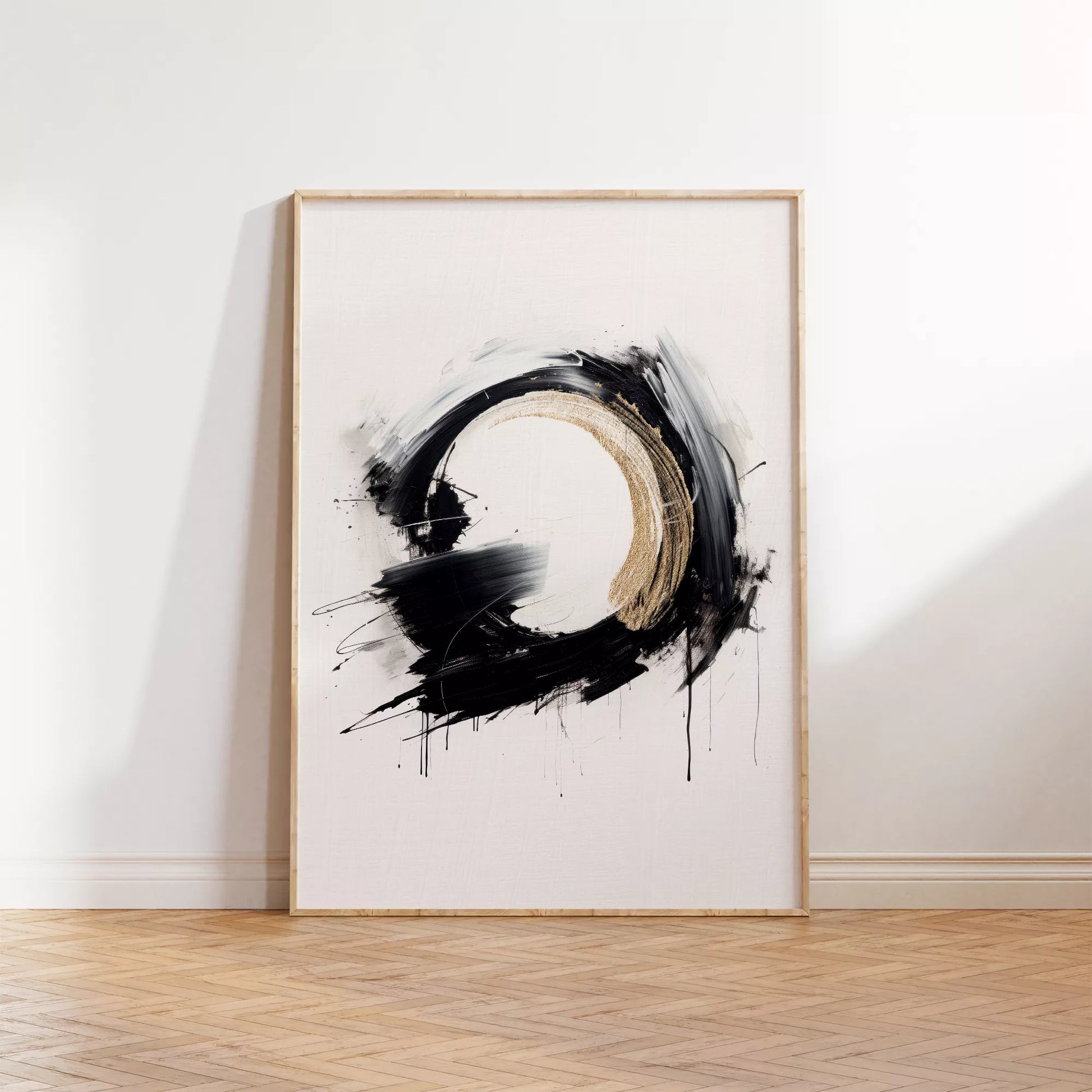 モダンな黒と金の円形抽象アートポスター