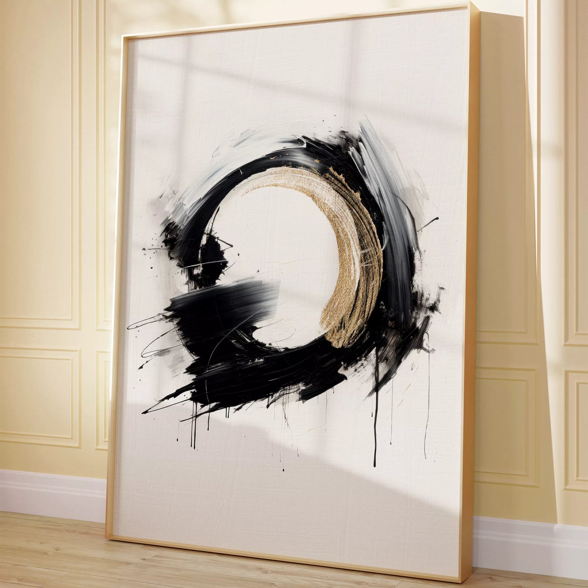 モダンな黒と金の円形抽象アートポスター