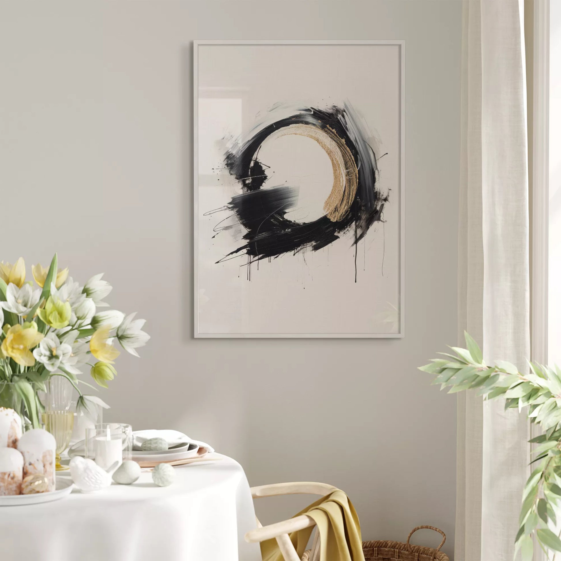 モダンな黒と金の円形抽象アートポスター