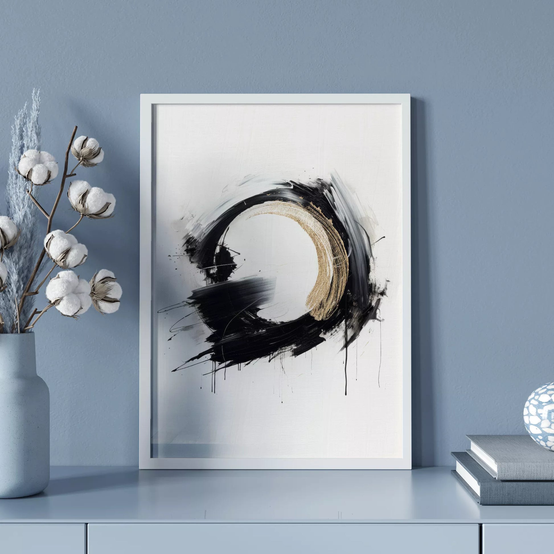 モダンな黒と金の円形抽象アートポスター