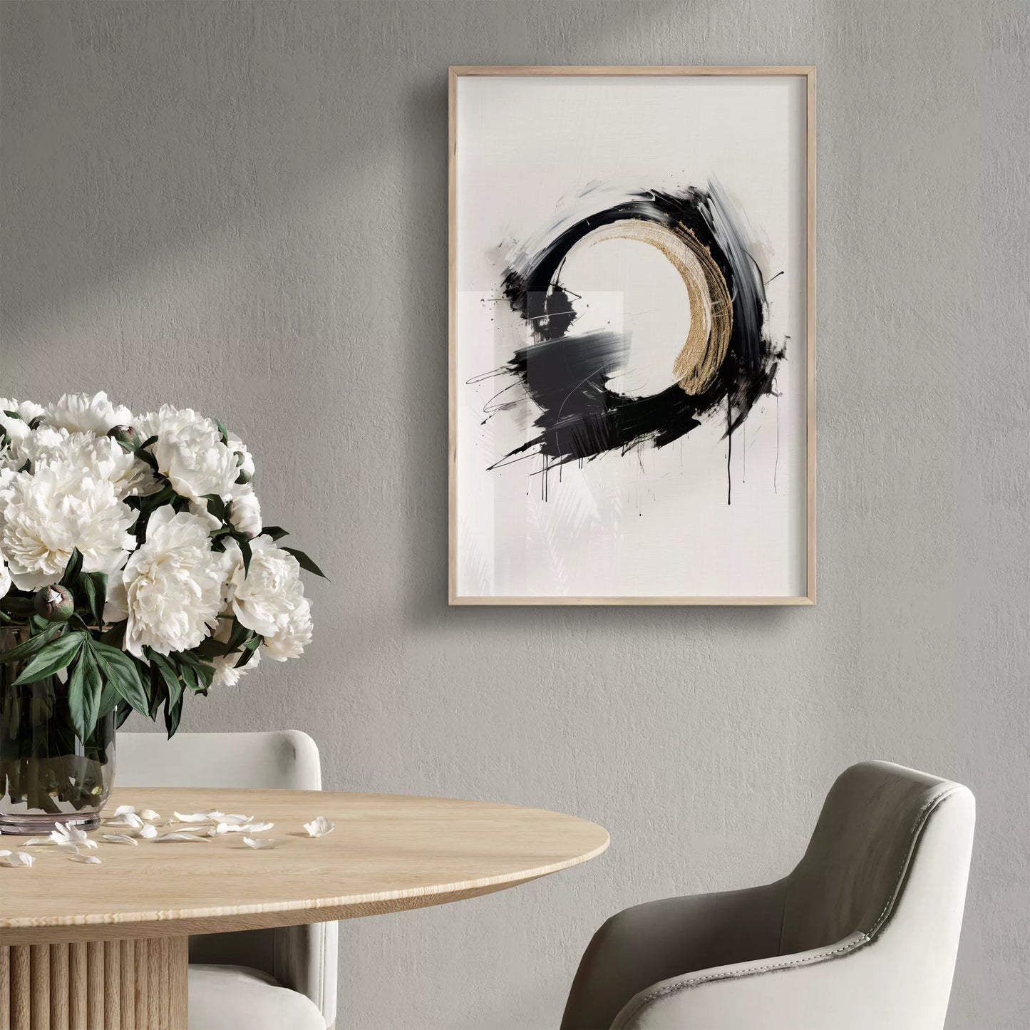 モダンな黒と金の円形抽象アートポスター