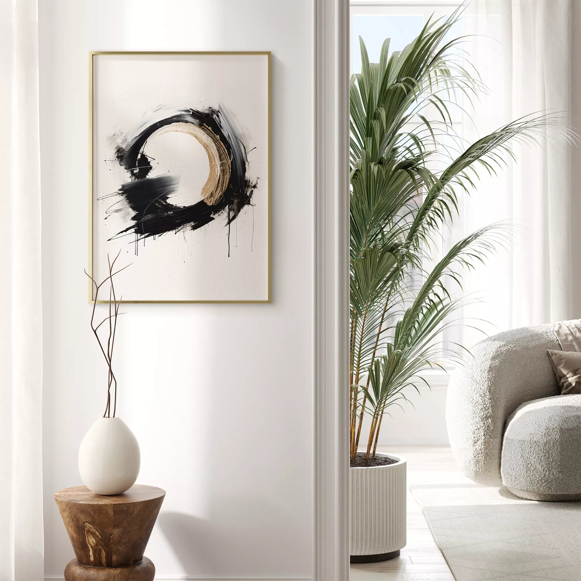 モダンな黒と金の円形抽象アートポスター