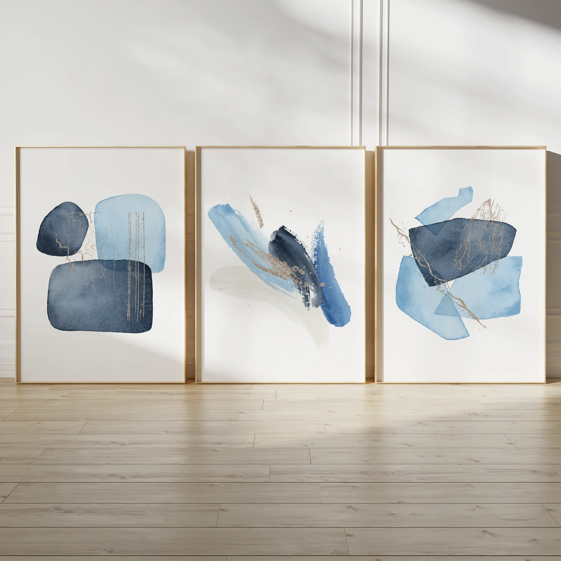 青と金の抽象水彩画トリプティックセット、モダンな和風デザイン