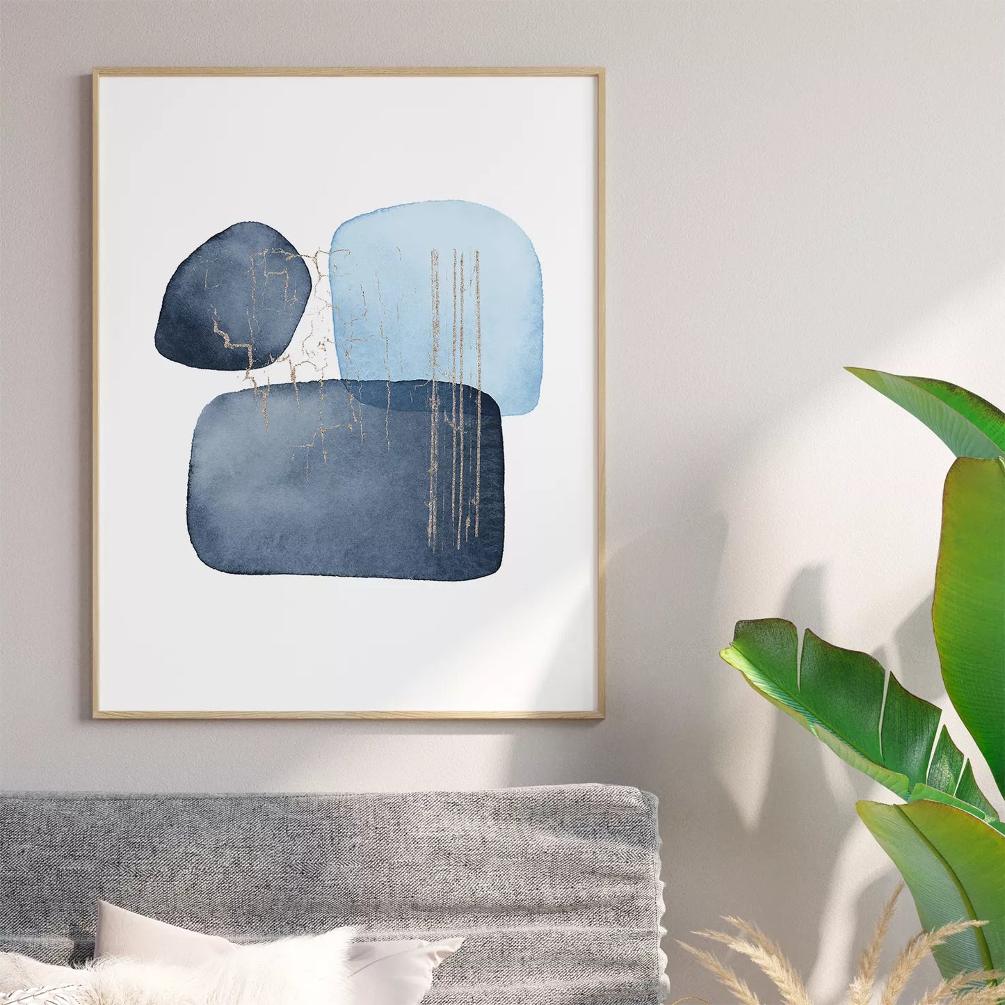 青と金の抽象水彩画トリプティックセット、モダンな和風デザイン