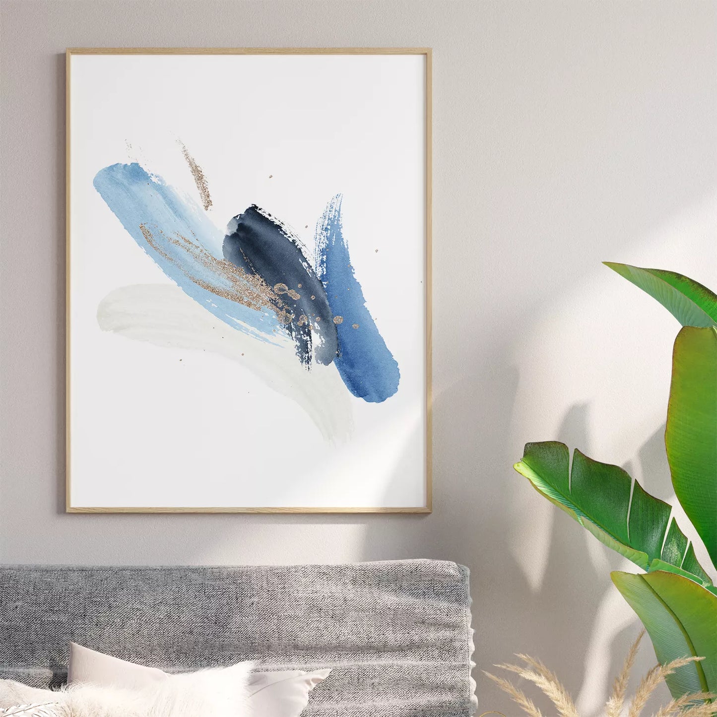 青と金の抽象水彩画トリプティックセット、モダンな和風デザイン