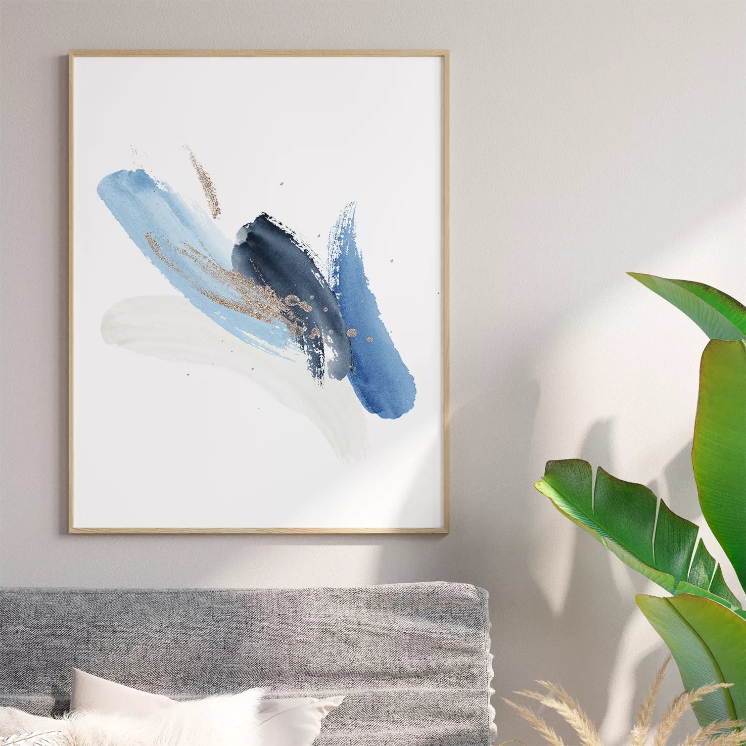 青と金の抽象水彩画トリプティックセット、モダンな和風デザイン