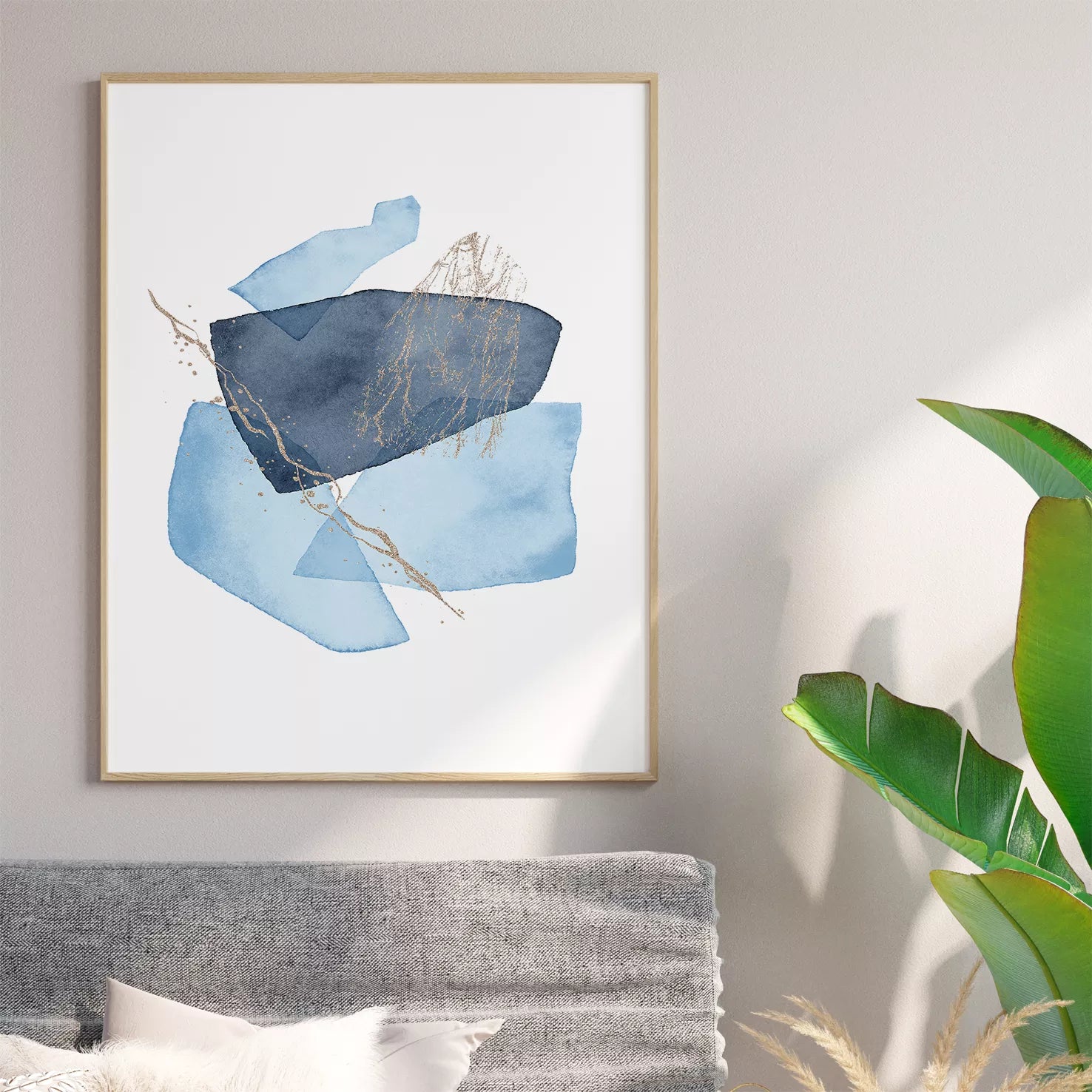 青と金の抽象水彩画トリプティックセット、モダンな和風デザイン