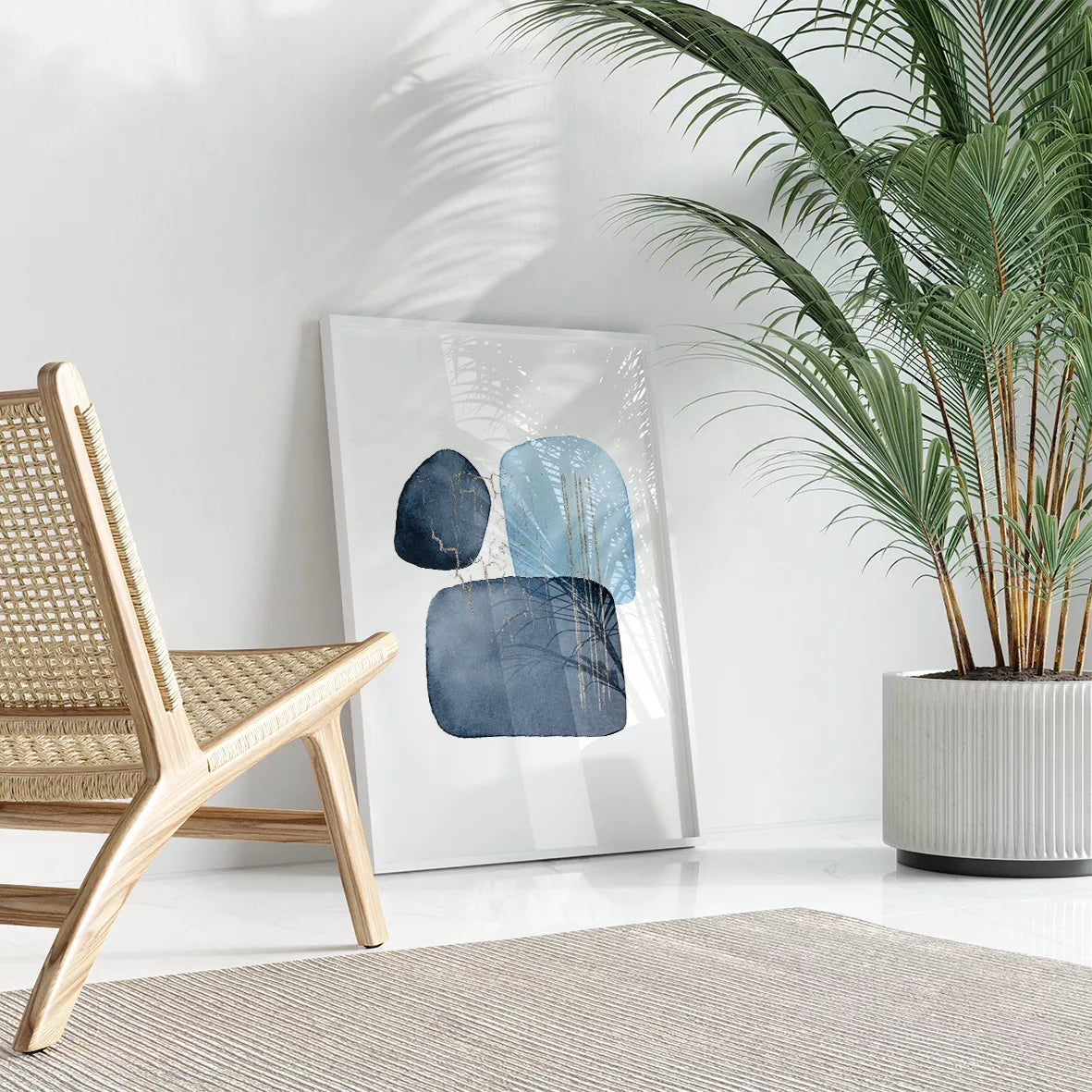 青と金の抽象水彩画トリプティックセット、モダンな和風デザイン