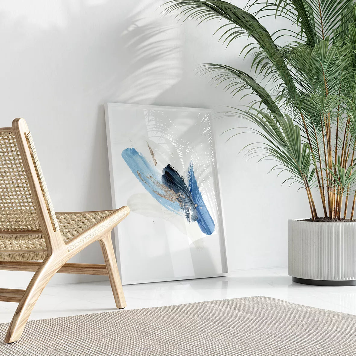 青と金の抽象水彩画トリプティックセット、モダンな和風デザイン