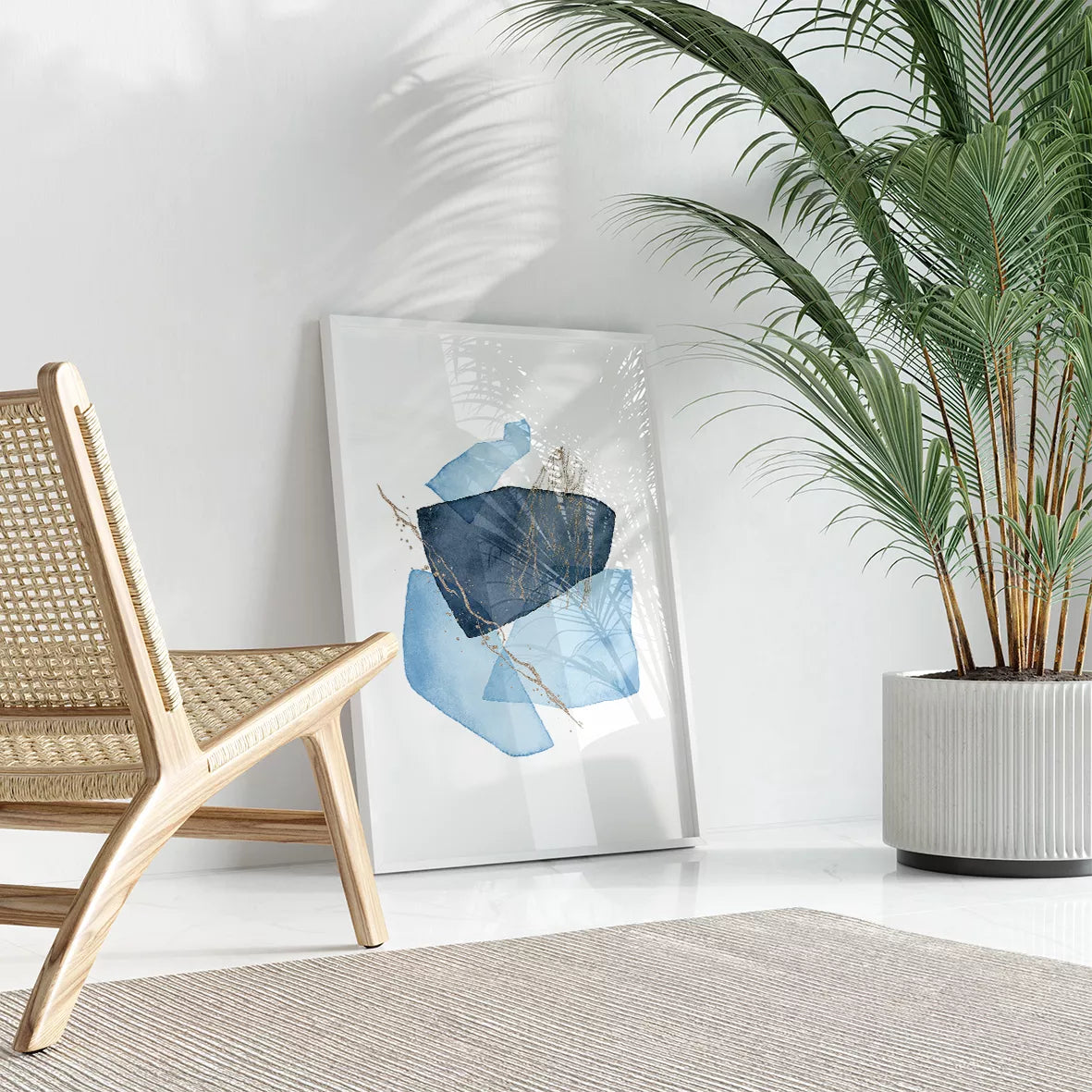 青と金の抽象水彩画トリプティックセット、モダンな和風デザイン