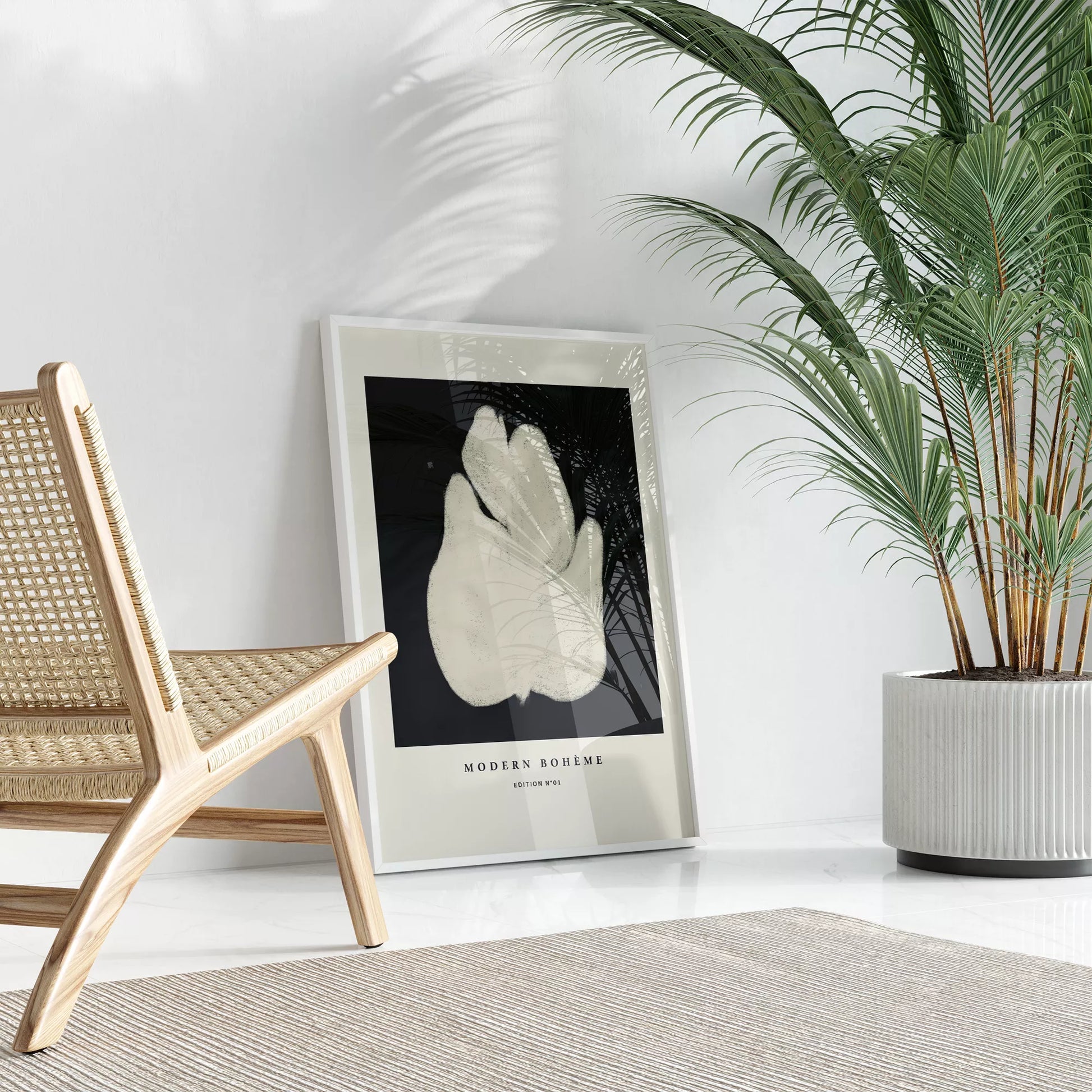 モダンなボヘミアンスタイルの抽象的な花のアートプリント。ミニマルでエレガントなデザイン。