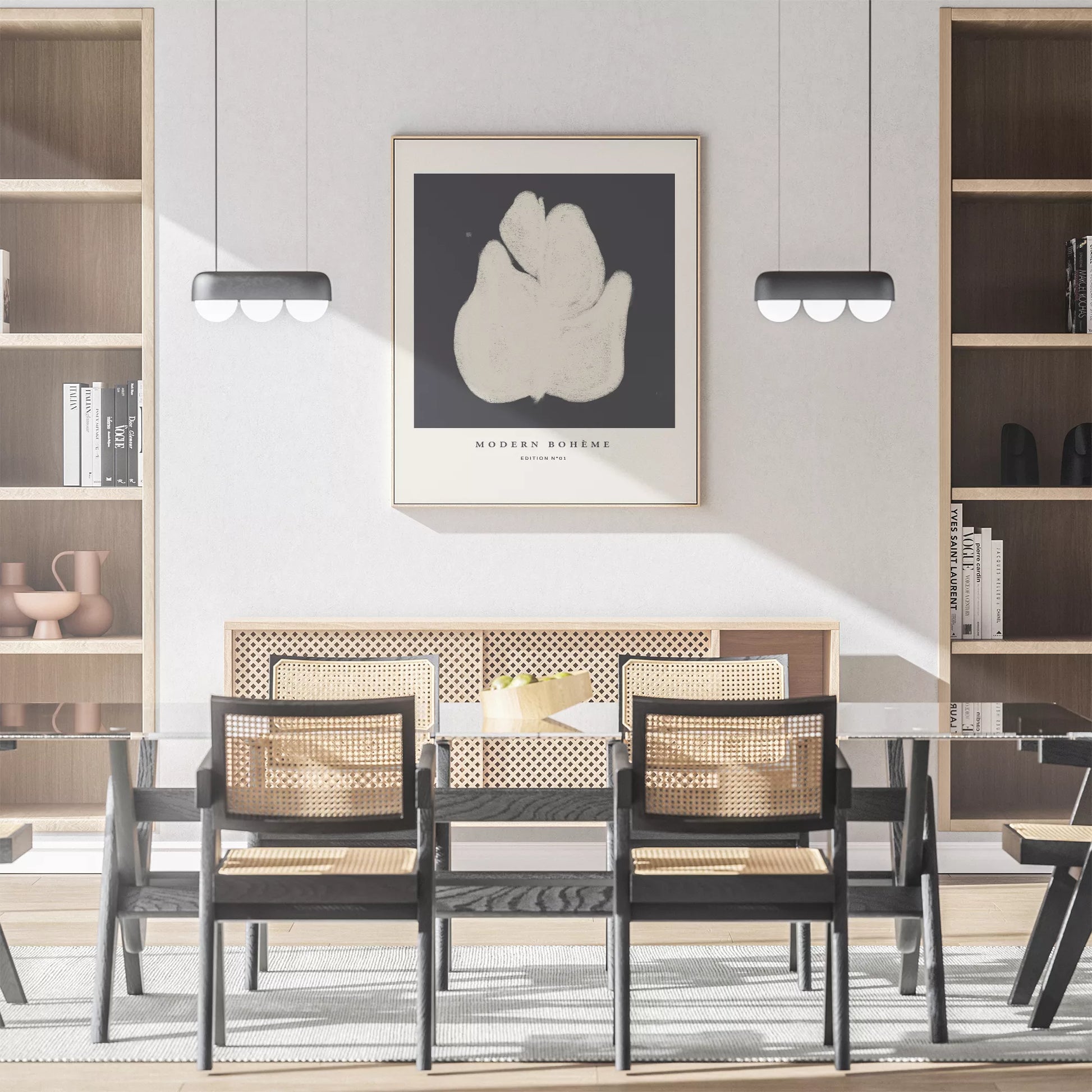 モダンなボヘミアンスタイルの抽象的な花のアートプリント。ミニマルでエレガントなデザイン。