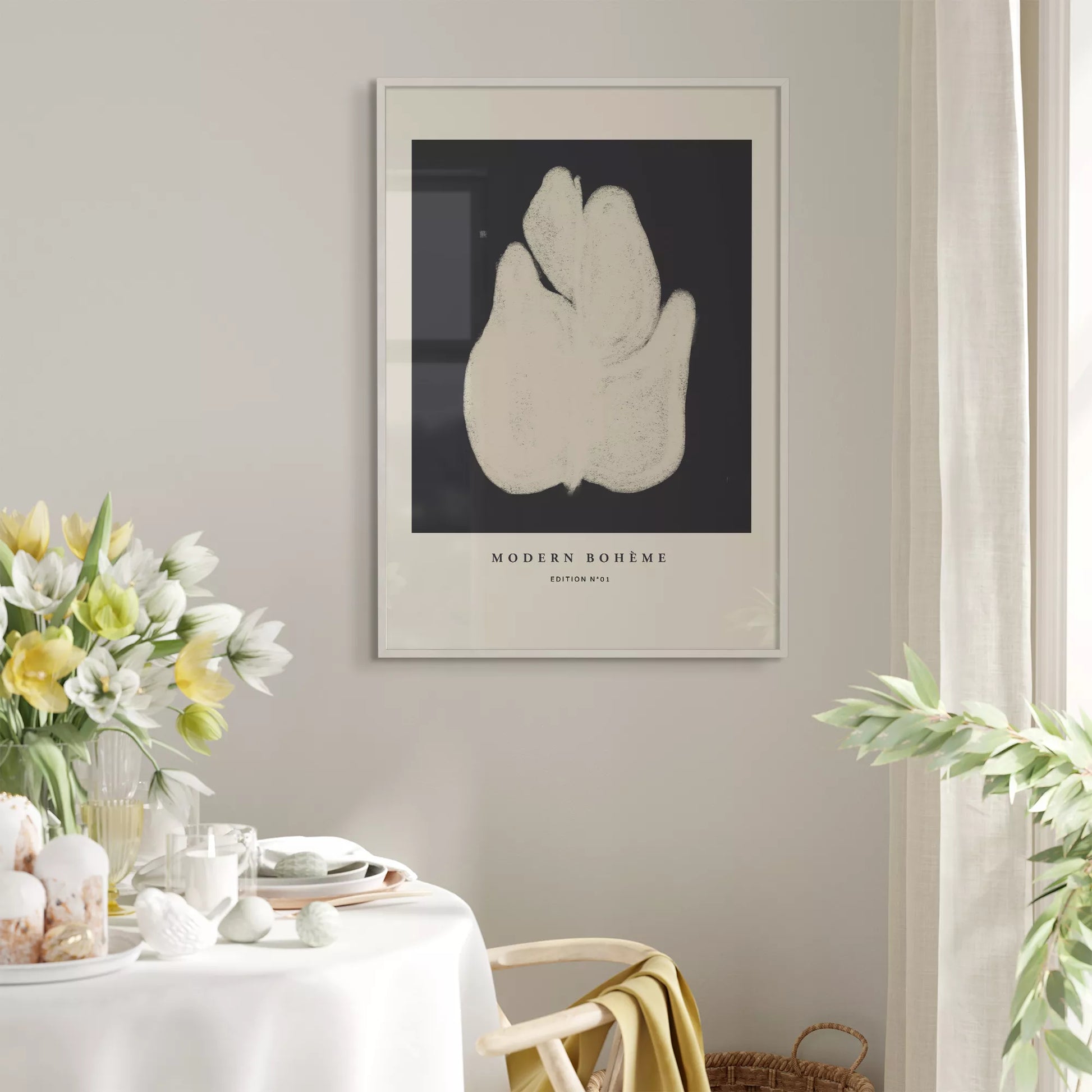 モダンなボヘミアンスタイルの抽象的な花のアートプリント。ミニマルでエレガントなデザイン。