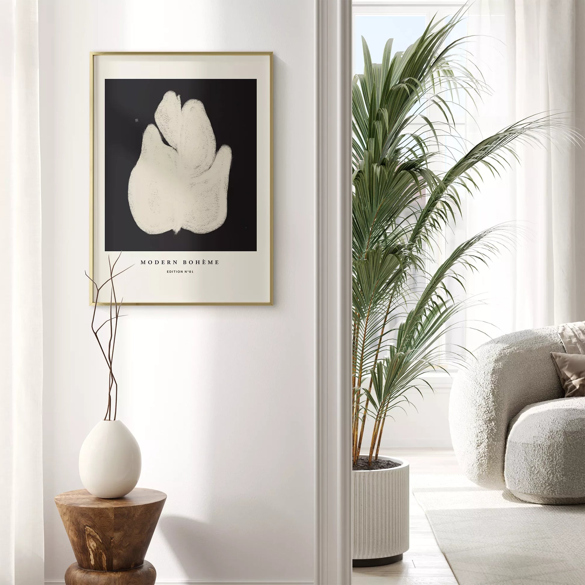 モダンなボヘミアンスタイルの抽象的な花のアートプリント。ミニマルでエレガントなデザイン。