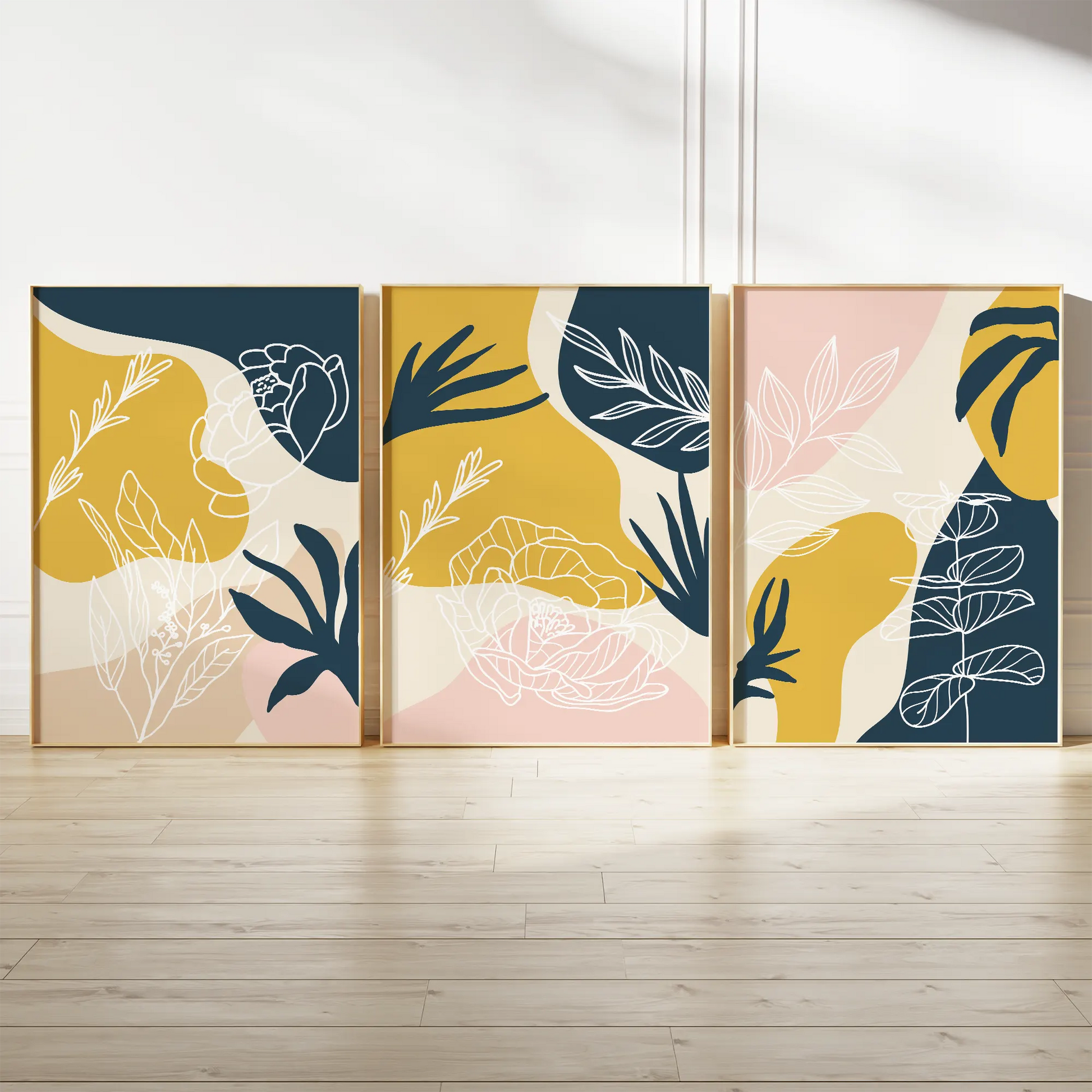マスタードネイビー抽象ボタニカル北欧モダンアートポスター 3枚セット