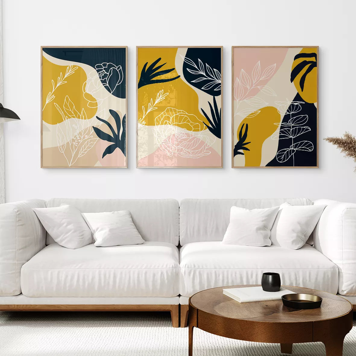 北欧風ボタニカルアート マスタードイエローとネイビーの抽象的な3枚組ポスター