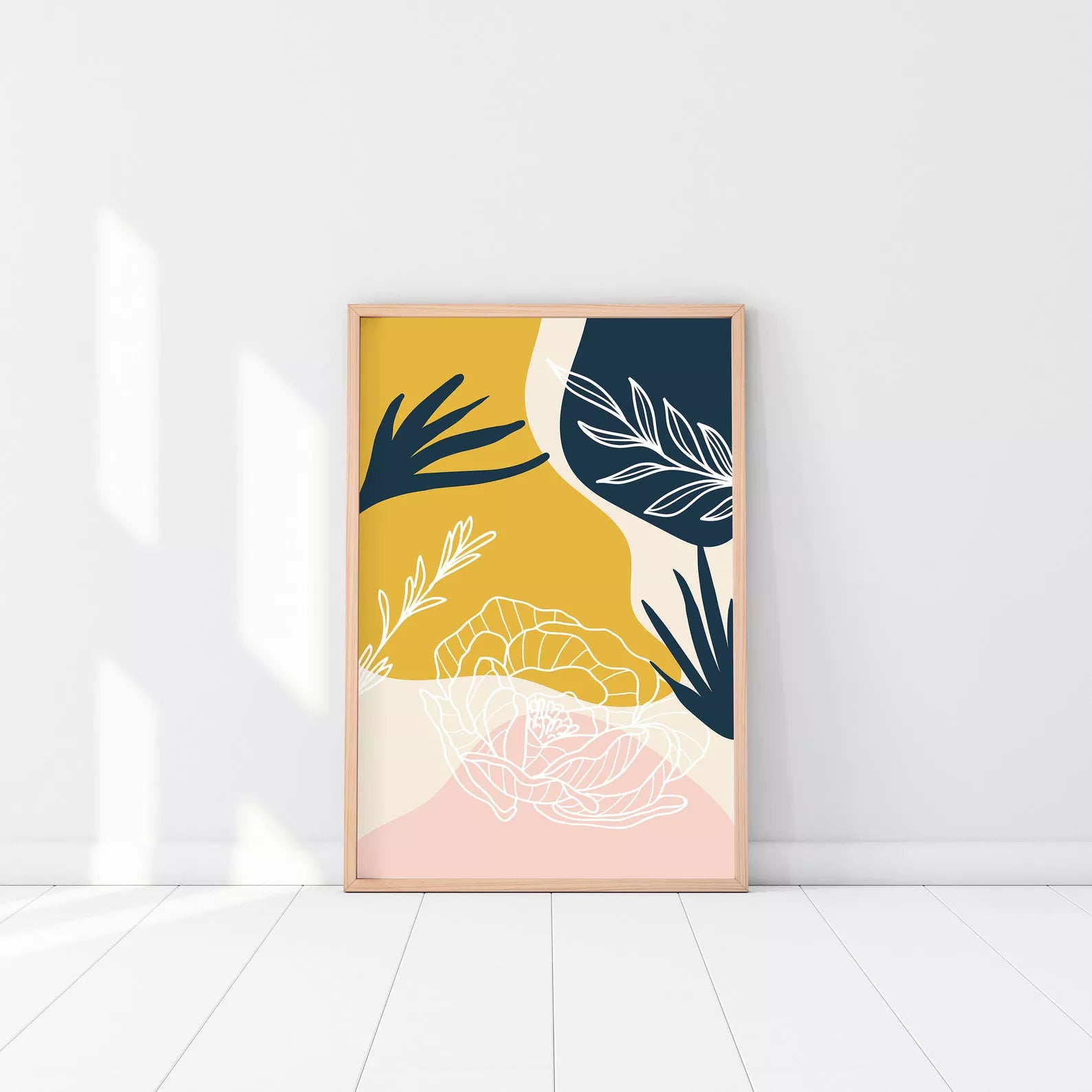 北欧風ボタニカルアート マスタードイエローとネイビーの抽象的な3枚組ポスター