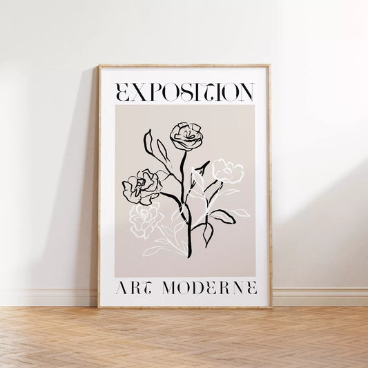 モダンアート展のミニマルな薔薇の線画ポスター