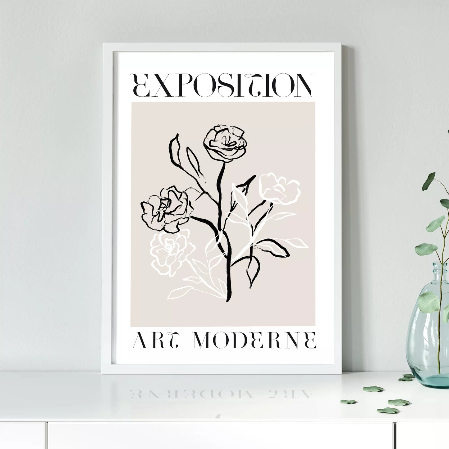 モダンアート展のミニマルな薔薇の線画ポスター