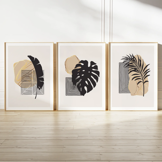ブラックリーフとゴールドジオメトリックの北欧モダンアートポスター 3枚セット