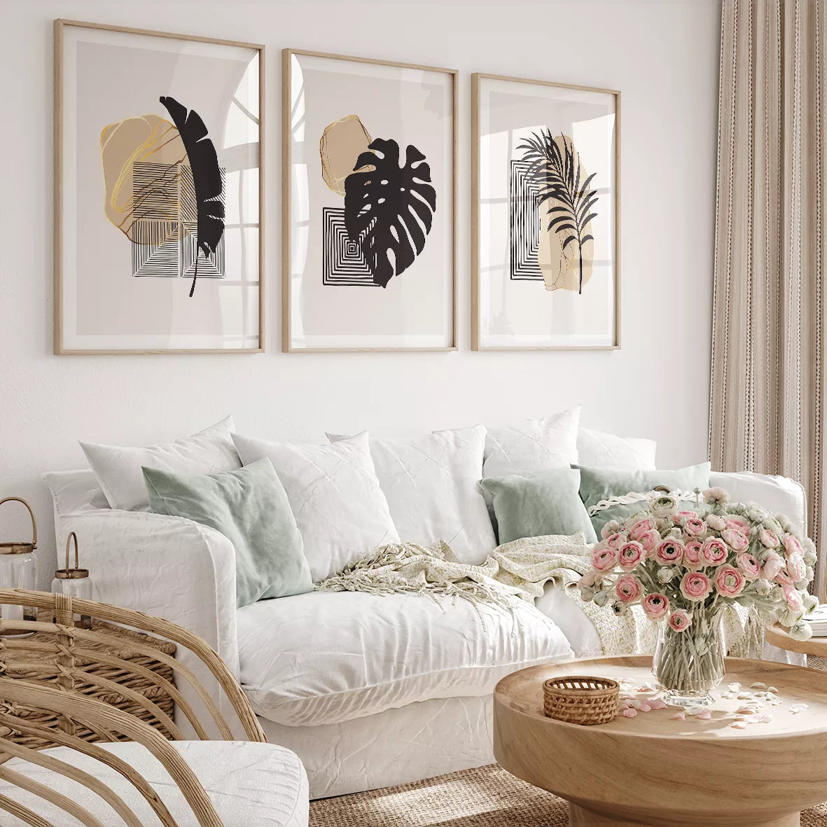 モンステラと幾何学模様のモダンなボタニカルアートセット