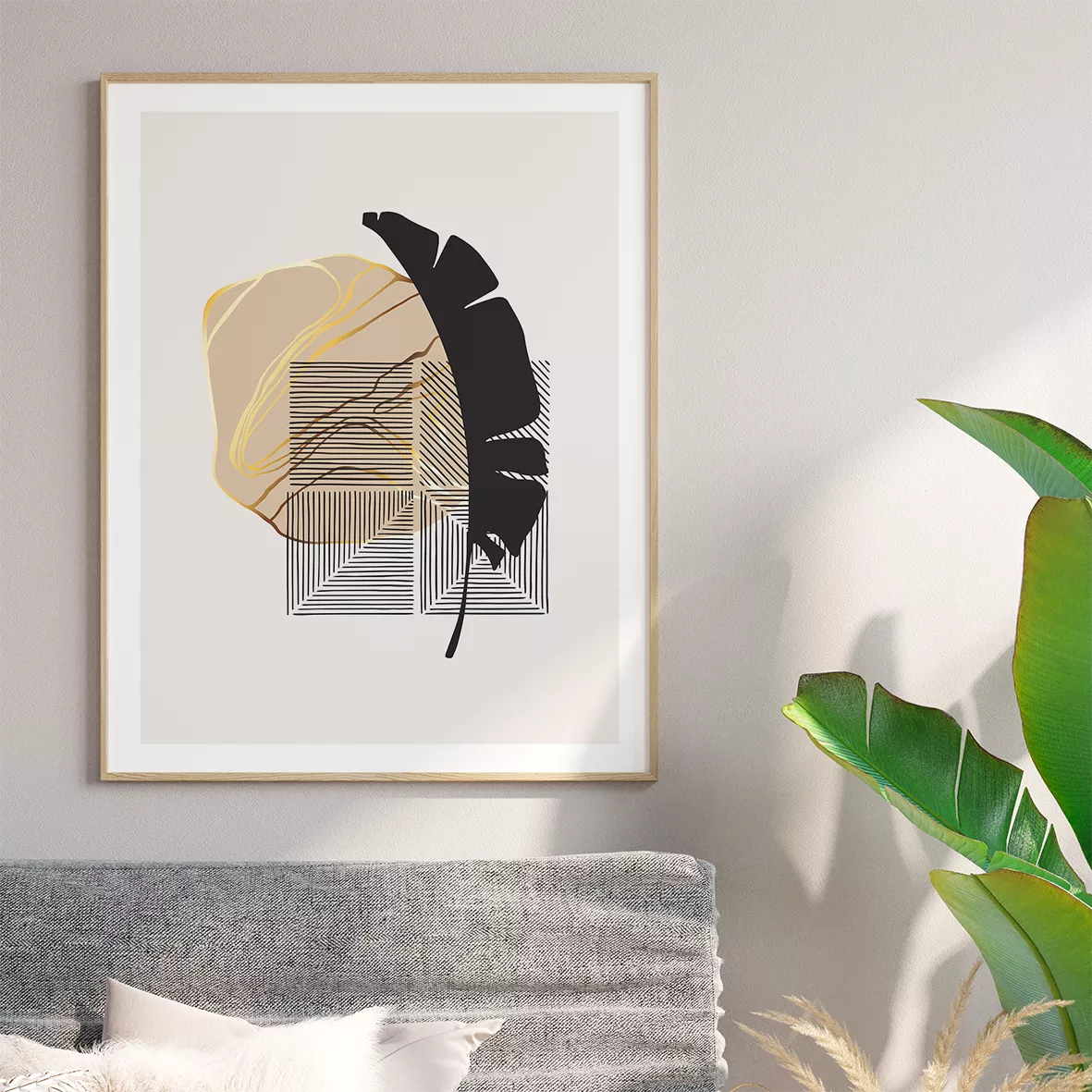 モンステラと幾何学模様のモダンなボタニカルアートセット