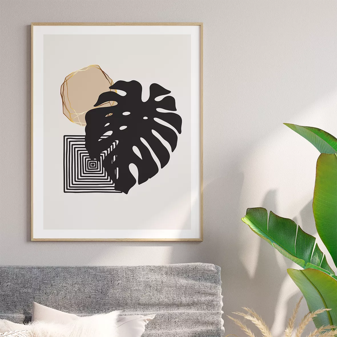 モンステラと幾何学模様のモダンなボタニカルアートセット