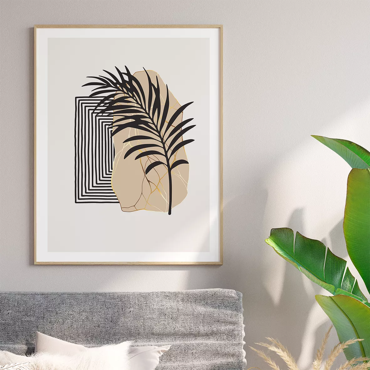 モンステラと幾何学模様のモダンなボタニカルアートセット