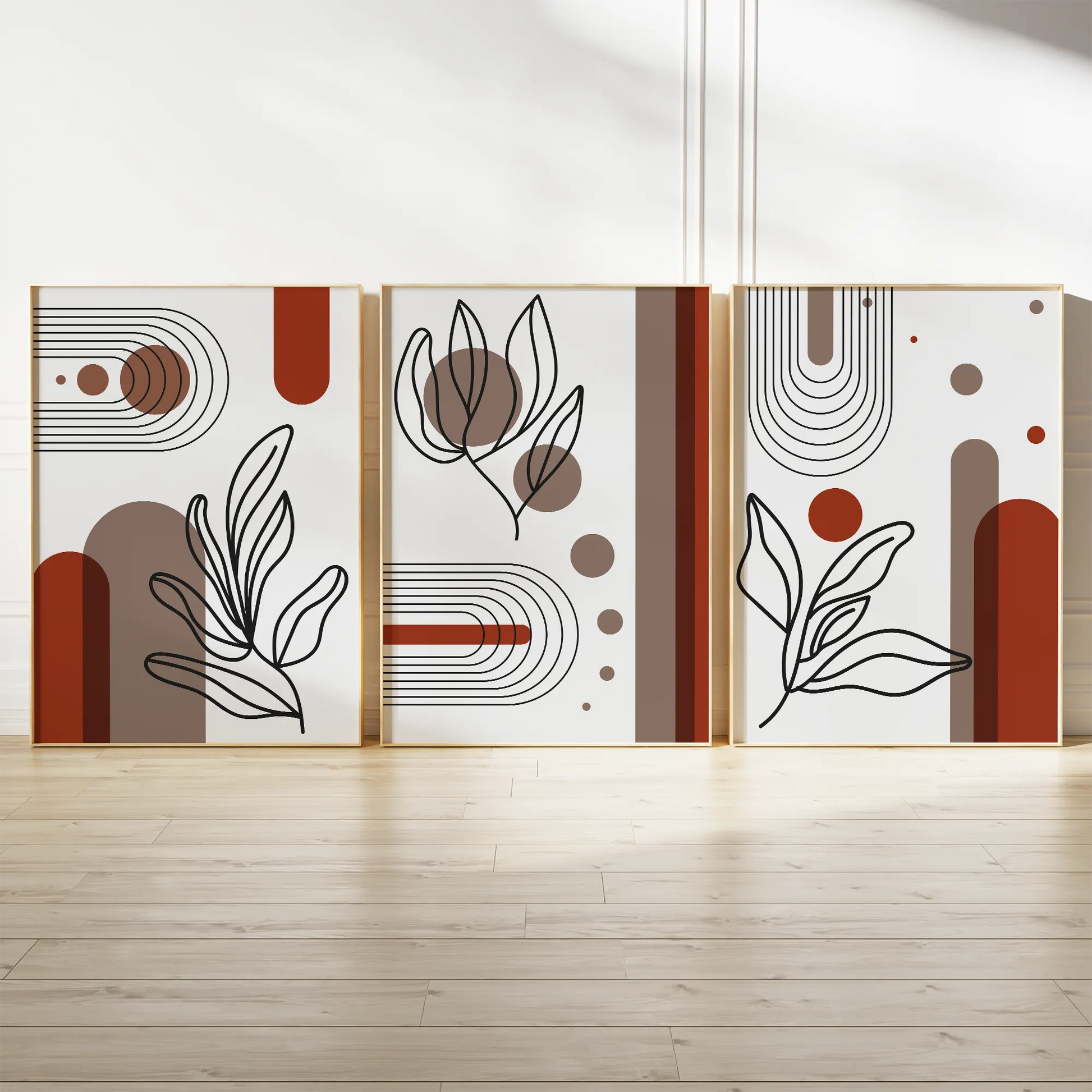 モダンボタニカル幾何学ラインアート レッドブラウンの高級感あるアートポスター 北欧モダンインテリア 3枚セット