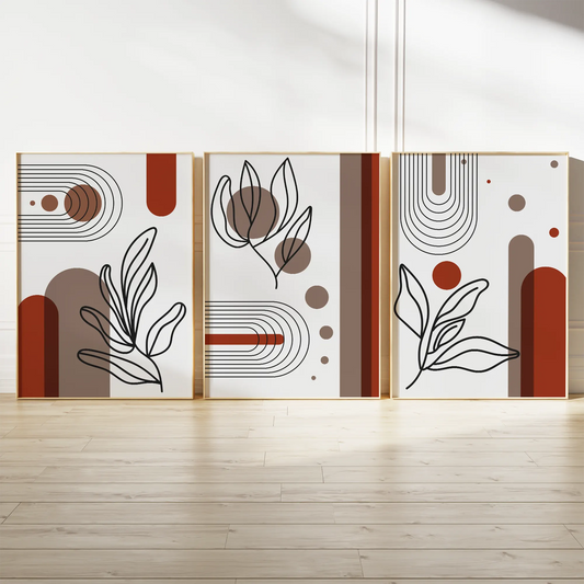 モダンボタニカル幾何学ラインアート レッドブラウンの高級感あるアートポスター 北欧モダンインテリア 3枚セット