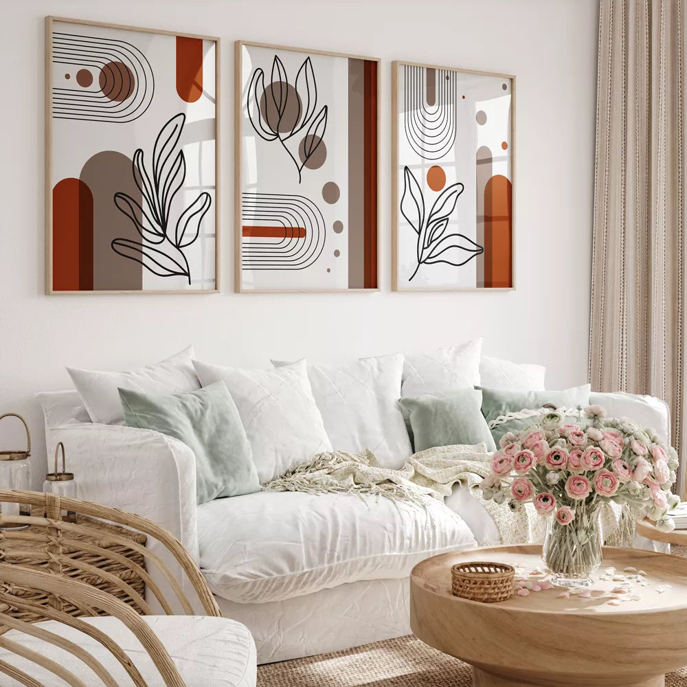 モダンボタニカル幾何学ラインアート レッドブラウンの高級感あるアートポスター 北欧モダンインテリア 3枚セット