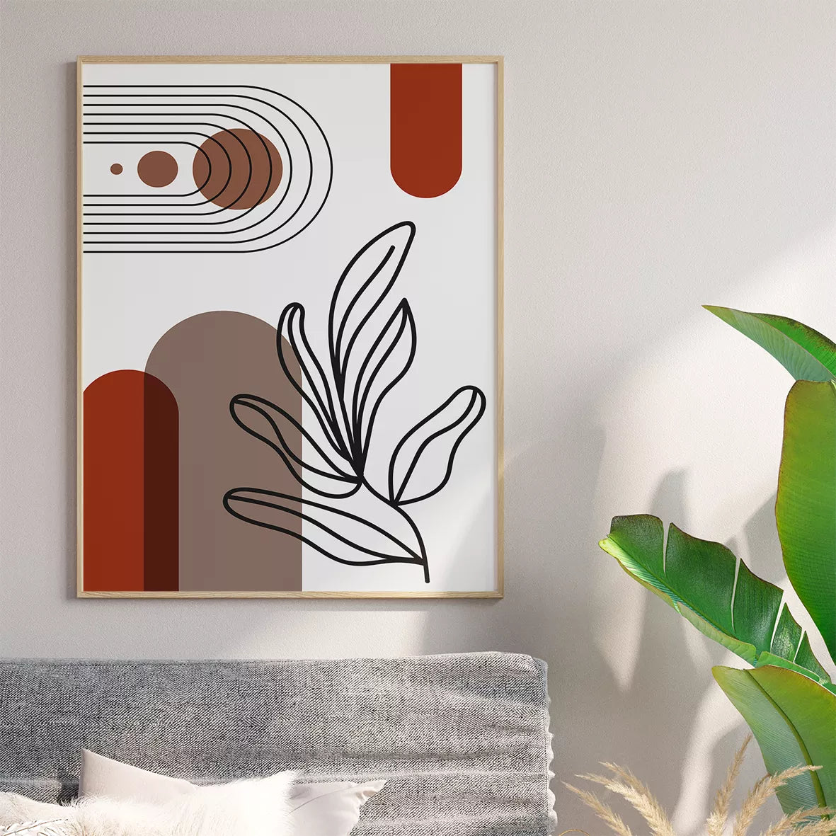 モダンボタニカル幾何学ラインアート レッドブラウンの高級感あるアートポスター 北欧モダンインテリア 3枚セット