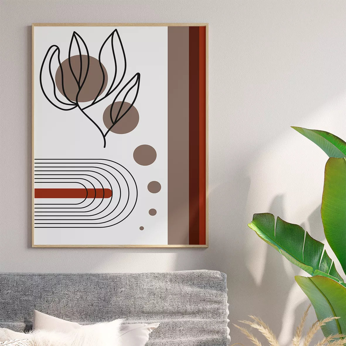 モダンボタニカル幾何学ラインアート レッドブラウンの高級感あるアートポスター 北欧モダンインテリア 3枚セット