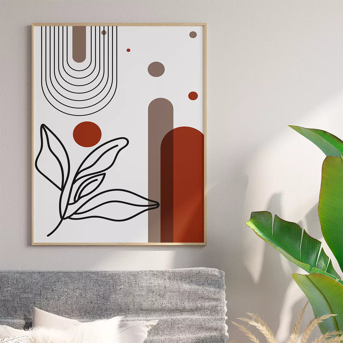 モダンボタニカル幾何学ラインアート レッドブラウンの高級感あるアートポスター 北欧モダンインテリア 3枚セット