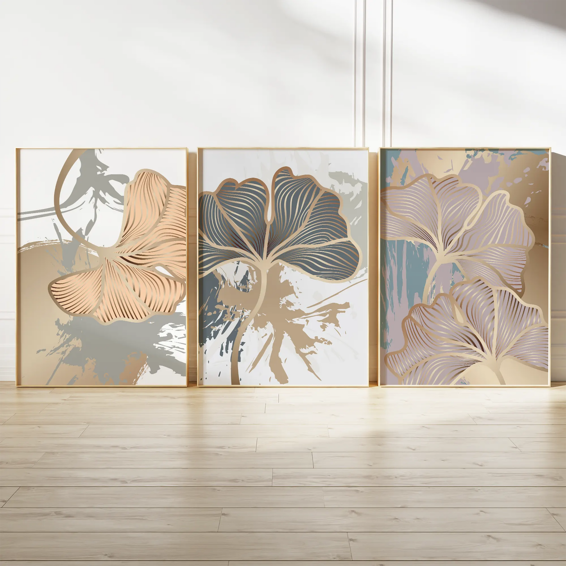 ゴールドイチョウリーフの抽象ボタニカルアートポスター 北欧モダンインテリア 3枚セット