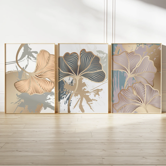 ゴールドイチョウリーフの抽象ボタニカルアートポスター 北欧モダンインテリア 3枚セット