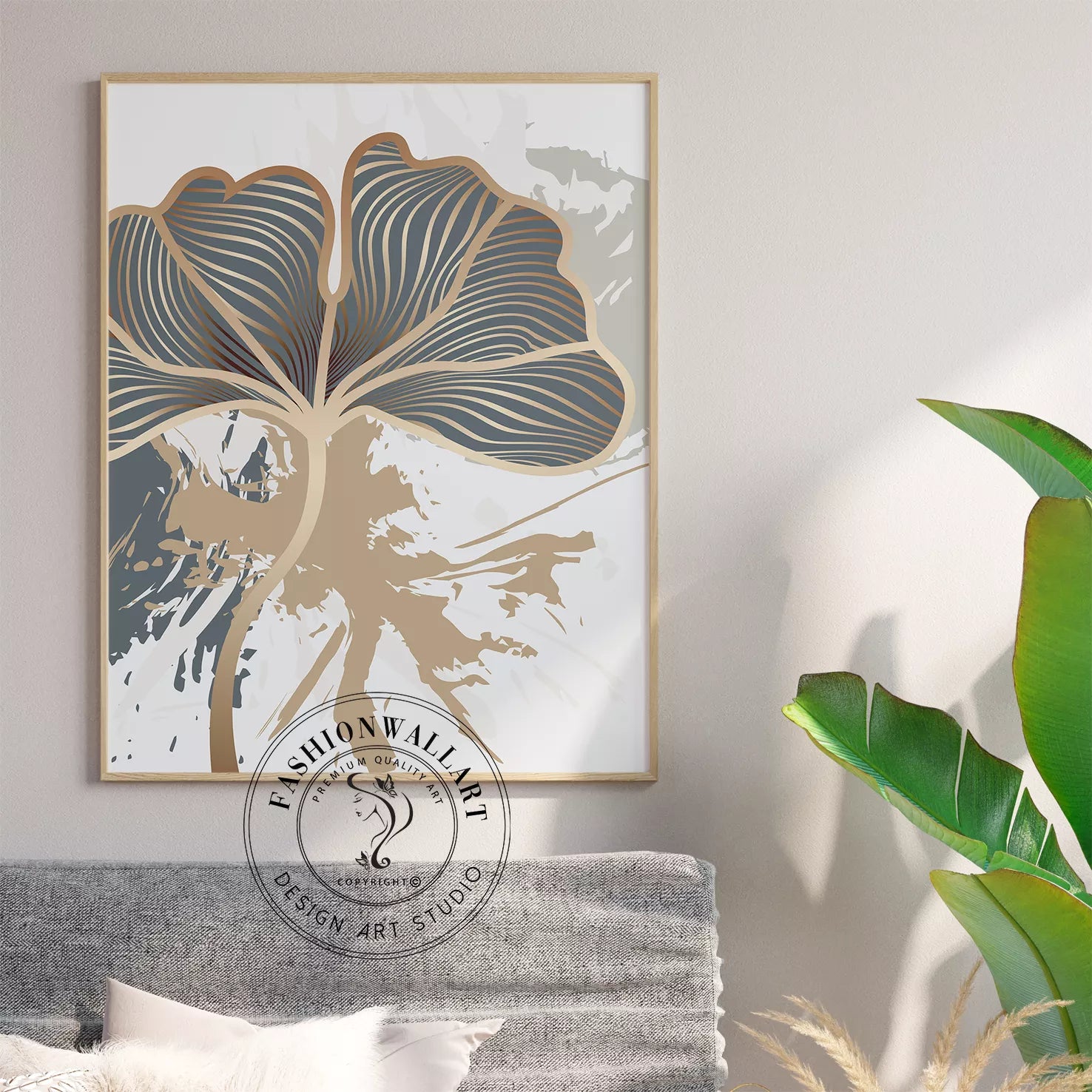 モダンな金箔銀杏の葉アート、3連装飾画、抽象的な和風インテリア