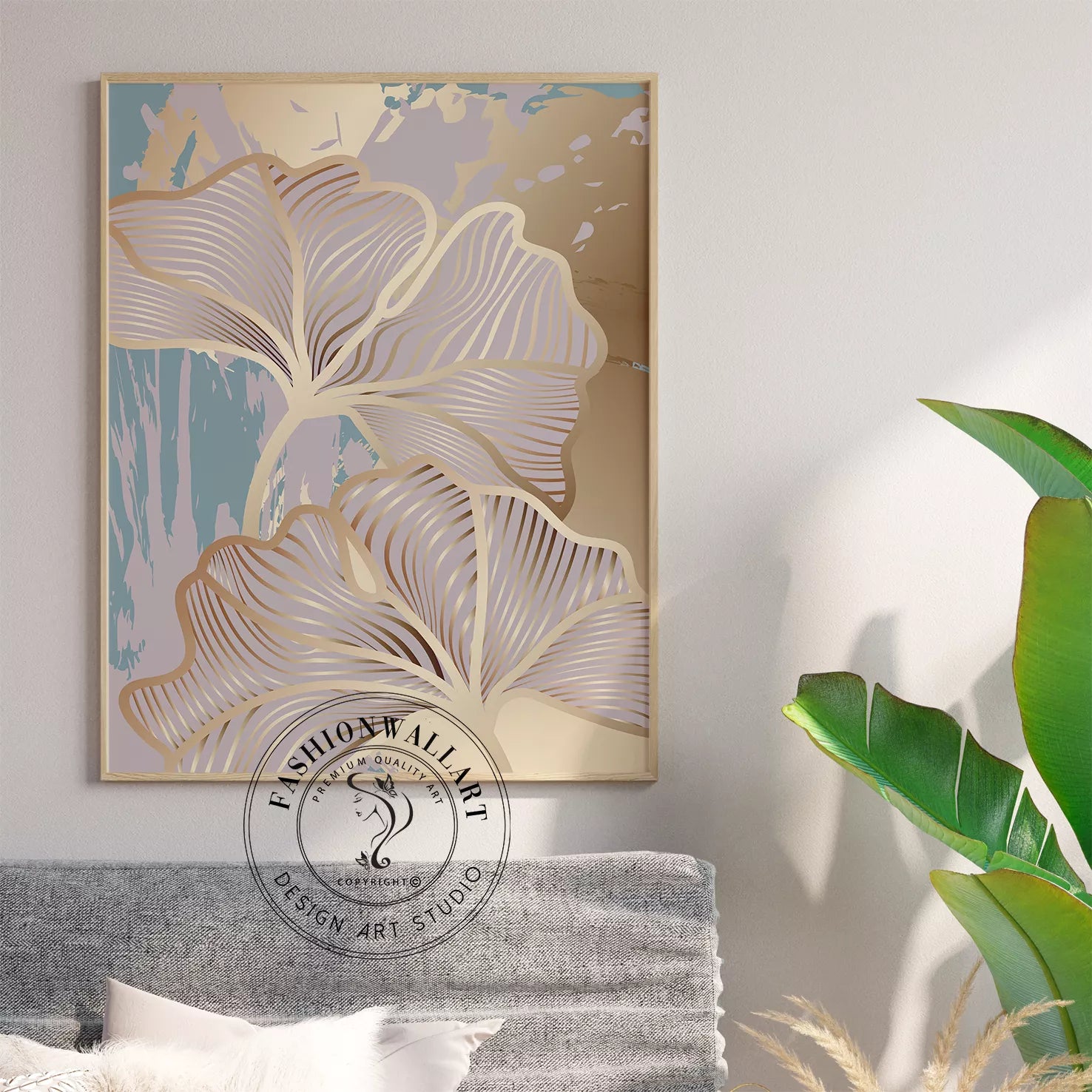 モダンな金箔銀杏の葉アート、3連装飾画、抽象的な和風インテリア