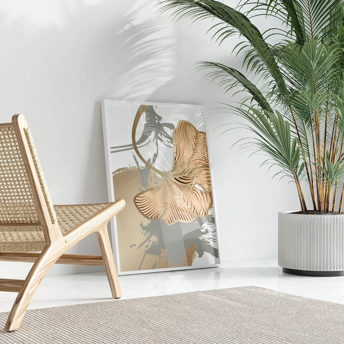 モダンな金箔銀杏の葉アート、3連装飾画、抽象的な和風インテリア