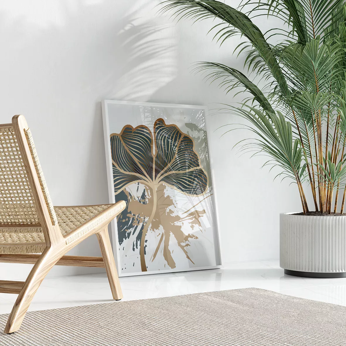 モダンな金箔銀杏の葉アート、3連装飾画、抽象的な和風インテリア