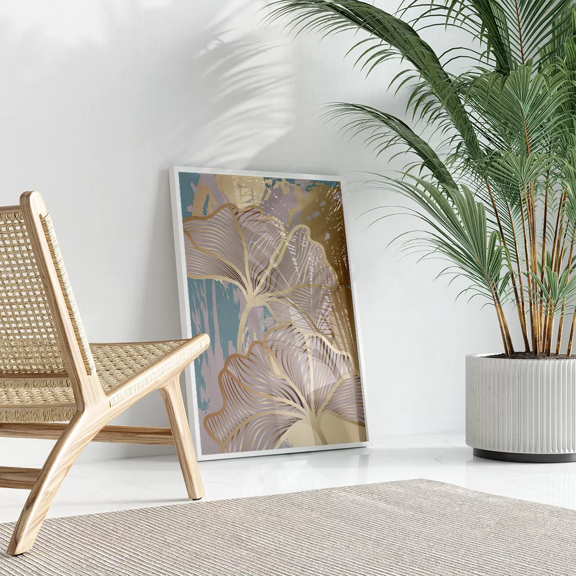 モダンな金箔銀杏の葉アート、3連装飾画、抽象的な和風インテリア