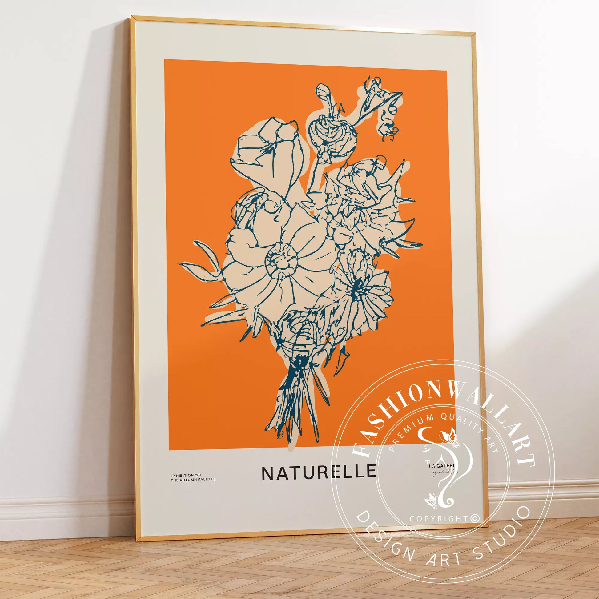 オレンジ背景にモダンな線画で描かれた花束アート