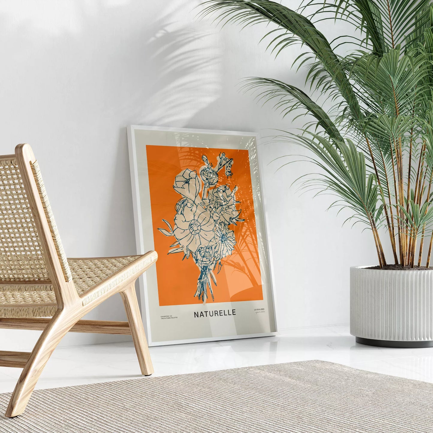 オレンジ背景にモダンな線画で描かれた花束アート