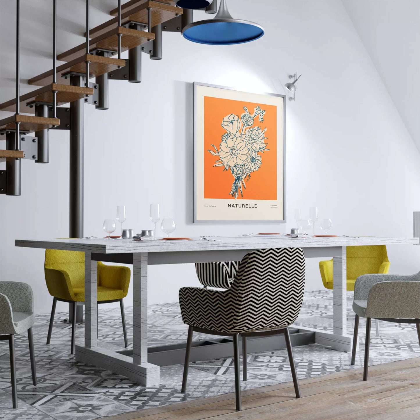 オレンジ背景にモダンな線画で描かれた花束アート