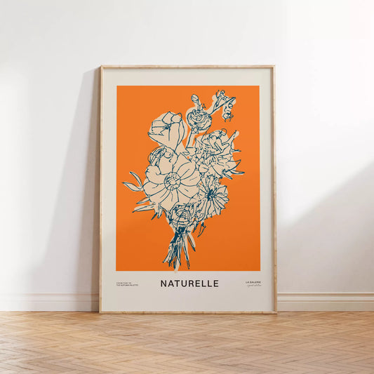 オレンジ背景にモダンな線画で描かれた花束アート