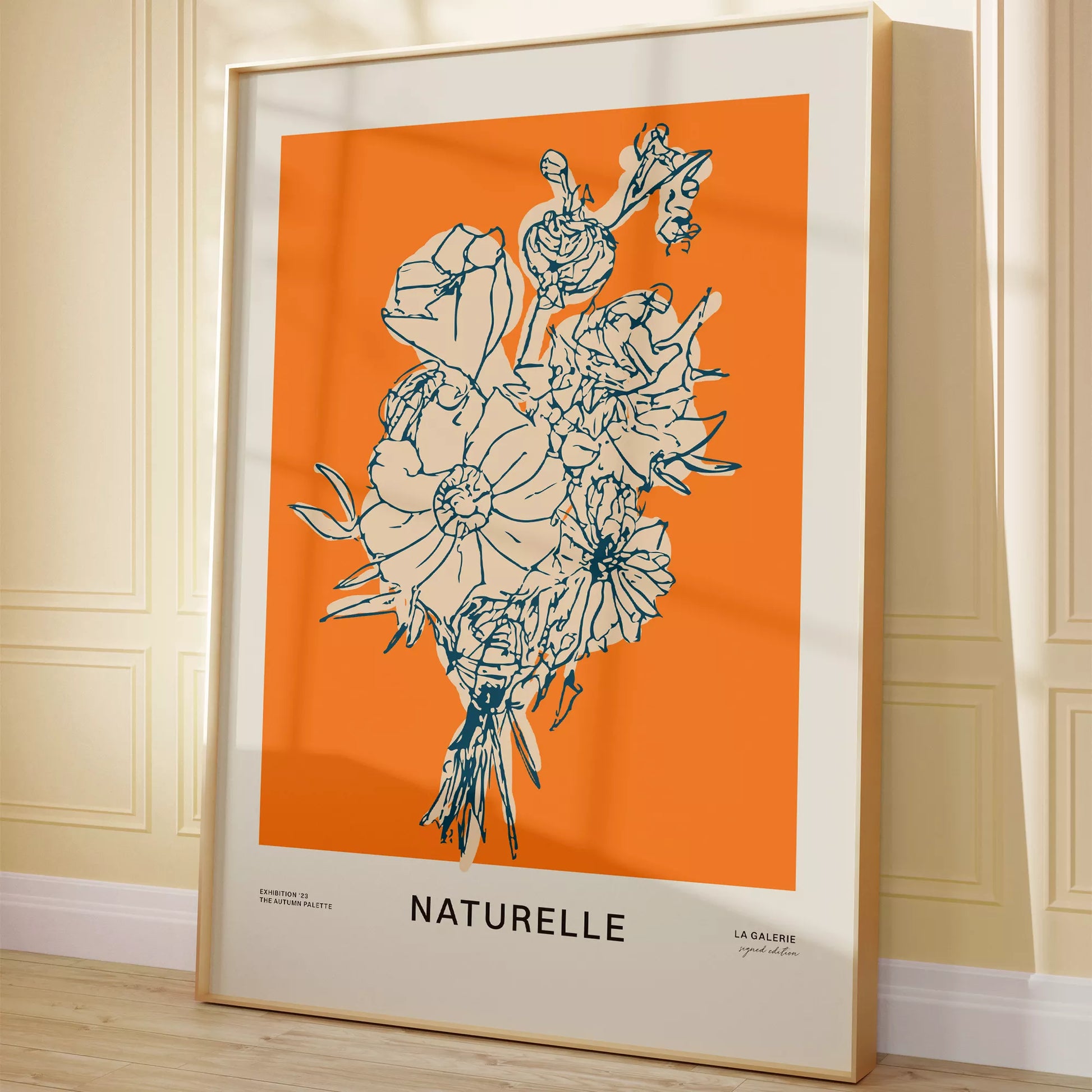 オレンジ背景にモダンな線画で描かれた花束アート